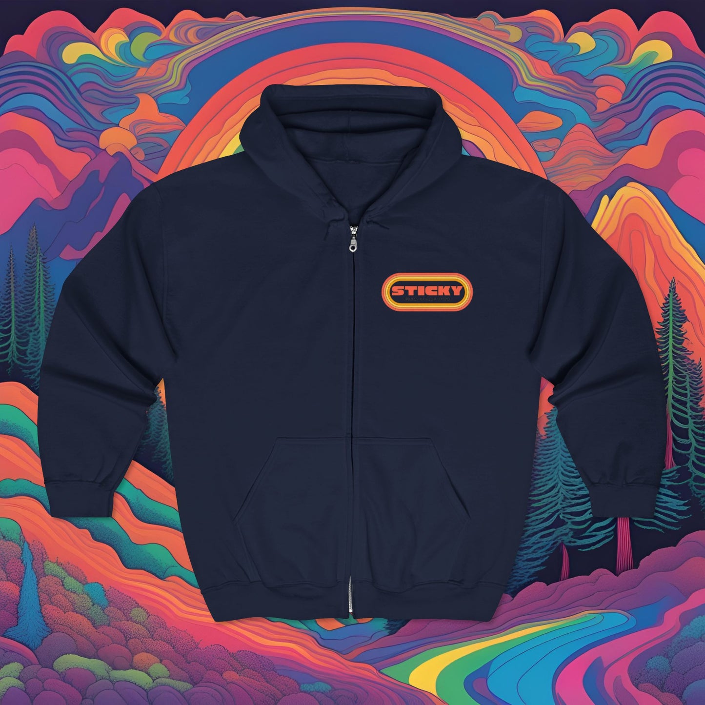 Retro "STICKY" Zip Hoodie — 70s Vintage Logo Full-Zip Sweatshirt