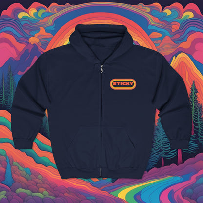 Retro "STICKY" Zip Hoodie — 70s Vintage Logo Full-Zip Sweatshirt