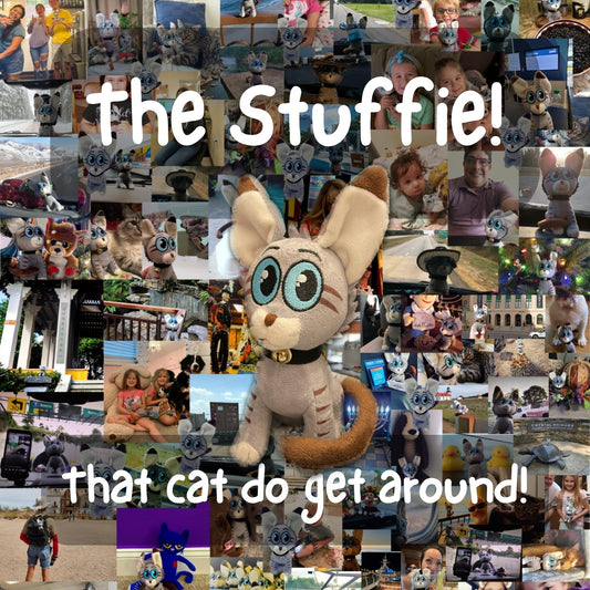 Sticky the Kitty, Stuffie! Modeled after the Sticky from the Award winning kids books, the Sticky Stuffie has made his way from the Pyramids of Egypt to the top of Alaska and all the way down to Australia! Where will YOUR Sticky go?