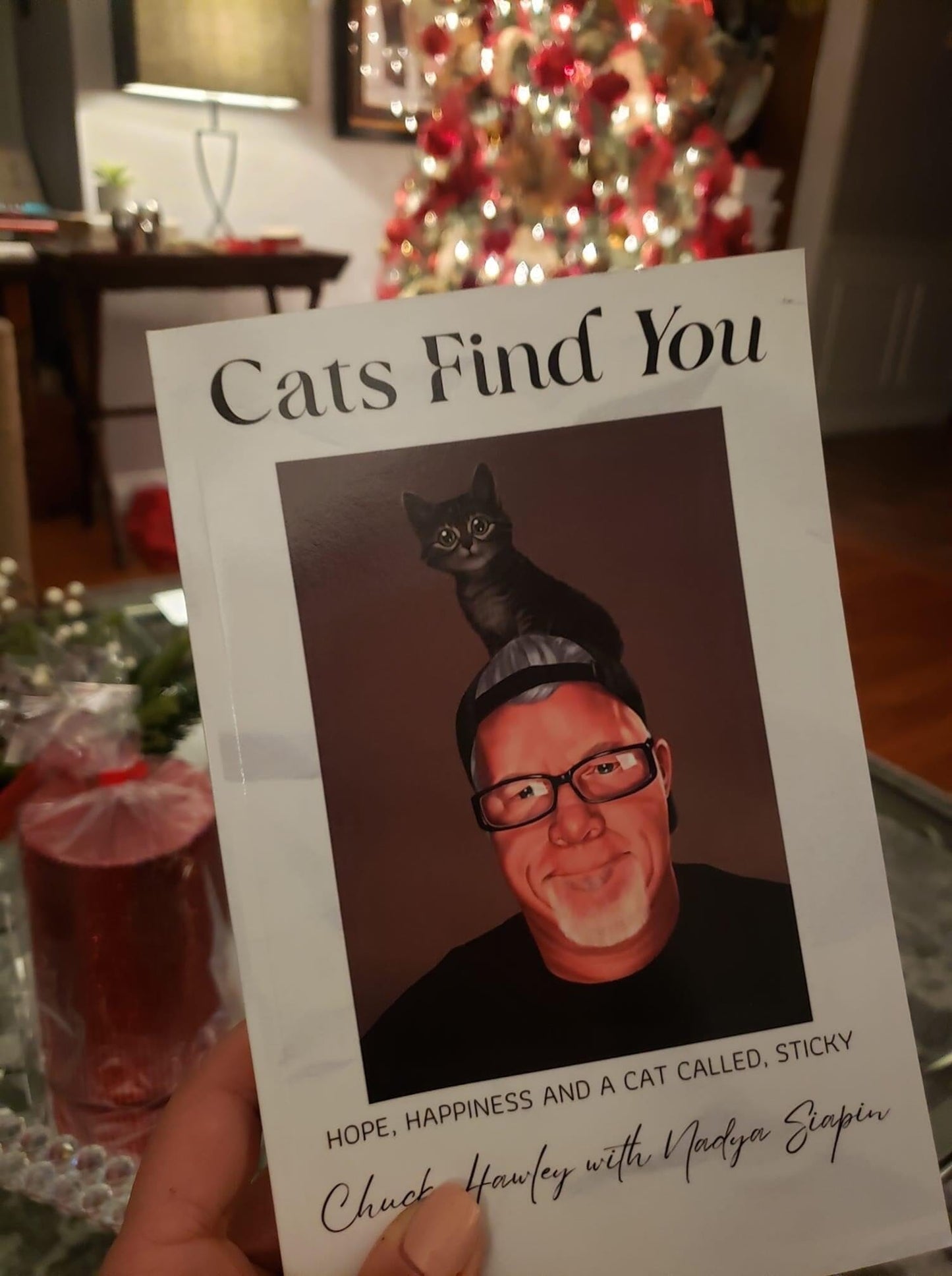 Cats Find You; Hardcover - Hope, Happiness and a cat called Sticky; Personalized and Autographed and shipped in a life size giant head envelope... for better or worse!:)