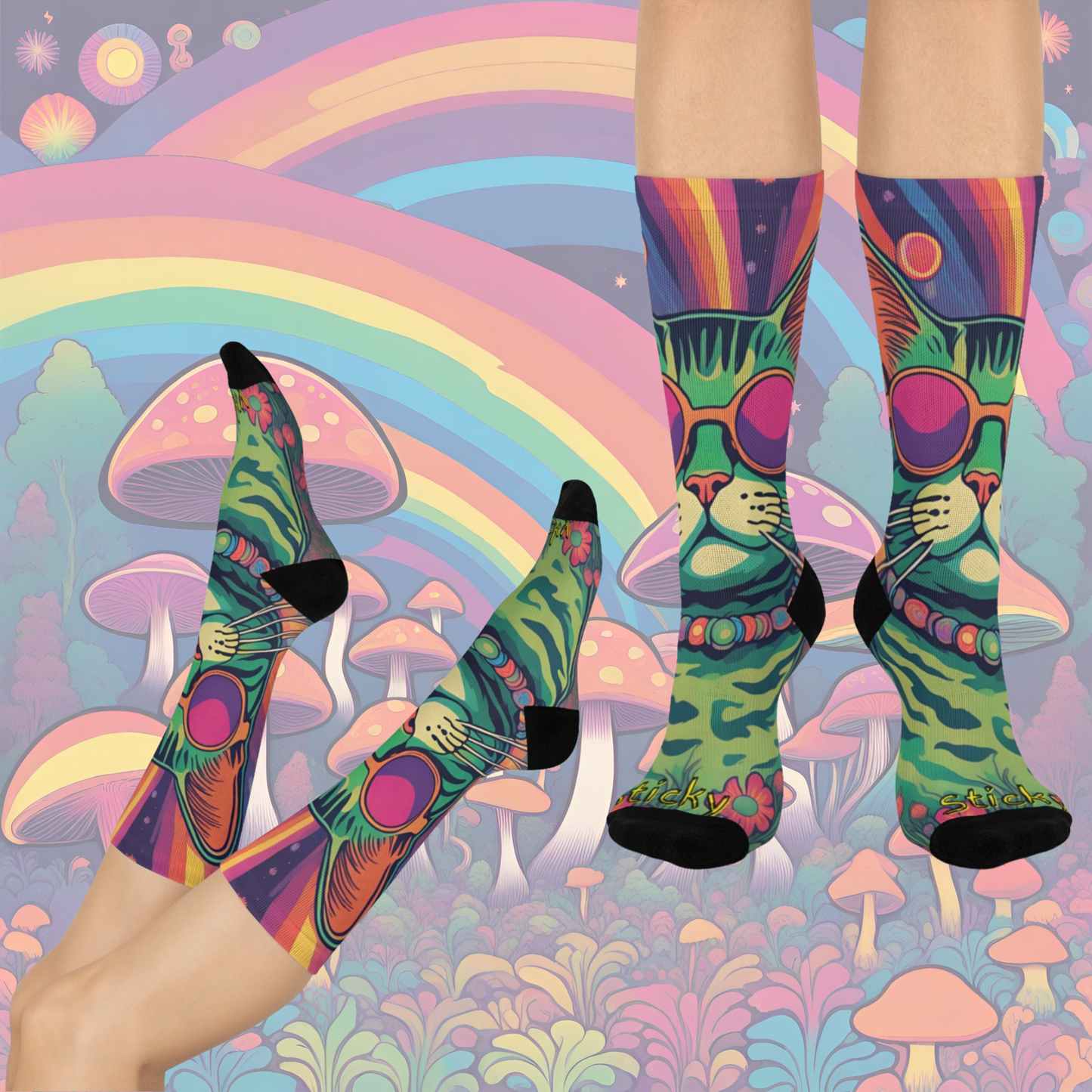 Green - Psychedelic Sticky - SUPER COMFY Cushioned Crew Socks